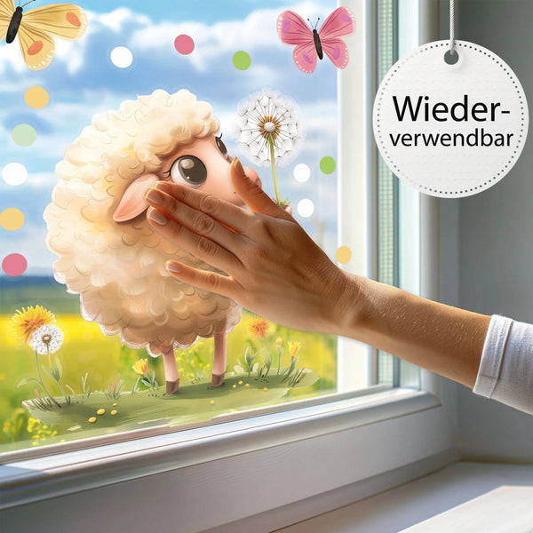 Fensterbild | Verspieltes Lamm und Pusteblume Sunnywall