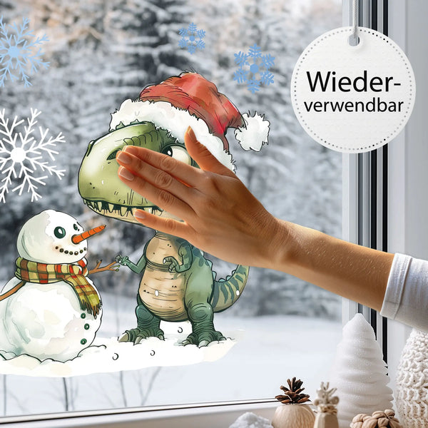 Fensterbild |  Verträumter T-Rex mit Schneemann | Winterliche Fensterbild Dekoration Sunnywall
