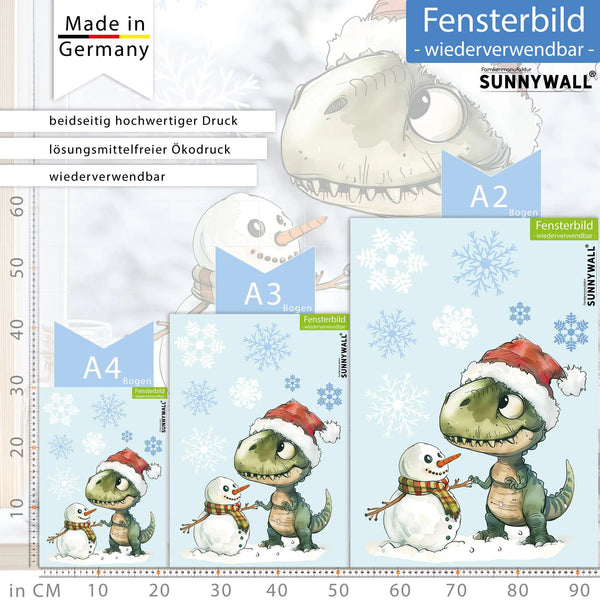 Fensterbild |  Verträumter T-Rex mit Schneemann | Winterliche Fensterbild Dekoration Sunnywall