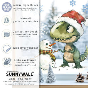 Fensterbild |  Verträumter T-Rex mit Schneemann | Winterliche Fensterbild Dekoration Sunnywall