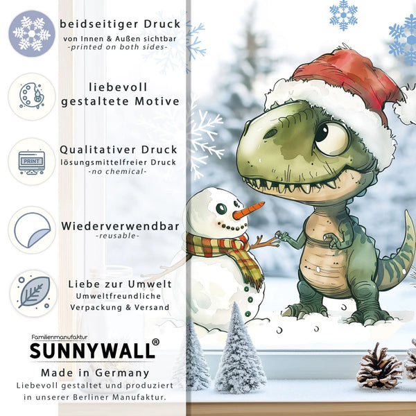 Fensterbild |  Verträumter T-Rex mit Schneemann | Winterliche Fensterbild Dekoration Sunnywall