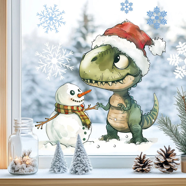 Fensterbild |  Verträumter T-Rex mit Schneemann | Winterliche Fensterbild Dekoration Sunnywall