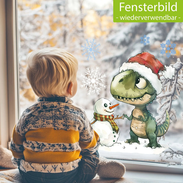 Fensterbild |  Verträumter T-Rex mit Schneemann | Winterliche Fensterbild Dekoration Sunnywall