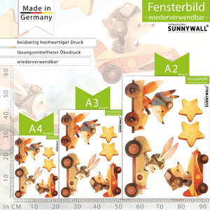 Fensterbild |  Waldtiere in Rennwagen in Holz-Design | Fuchs, Hase & Igel | Holz-Optik Fensterbild Dekoration Sunnywall