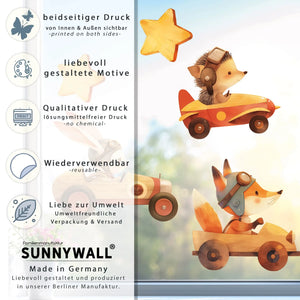 Fensterbild |  Waldtiere in Rennwagen in Holz-Design | Fuchs, Hase & Igel | Holz-Optik Fensterbild Dekoration Sunnywall
