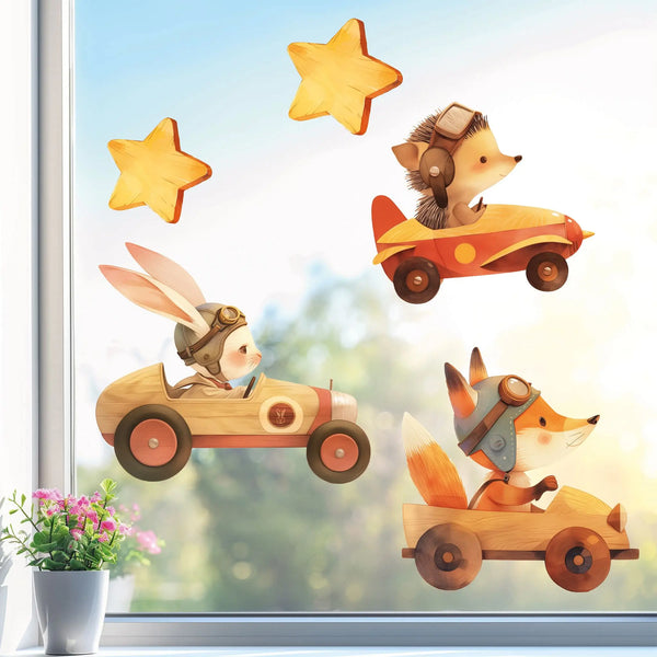 Fensterbild |  Waldtiere in Rennwagen in Holz-Design | Fuchs, Hase & Igel | Holz-Optik Fensterbild Dekoration Sunnywall