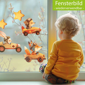 Fensterbild |  Waldtiere in Rennwagen in Holz-Design | Fuchs, Hase & Igel | Holz-Optik Fensterbild Dekoration Sunnywall