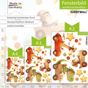 Fensterbild |  Wildtiere in Holz | Affe, Giraffe & Krokodil in Rennwagen | Holz-Optik Fensterbild Dekoration Sunnywall
