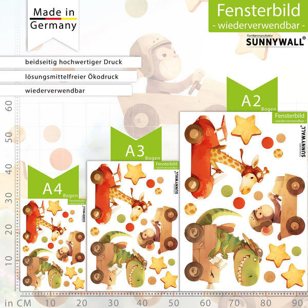 Fensterbild |  Wildtiere in Holz | Affe, Giraffe & Krokodil in Rennwagen | Holz-Optik Fensterbild Dekoration Sunnywall