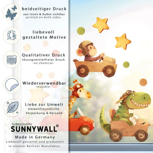 Fensterbild |  Wildtiere in Holz | Affe, Giraffe & Krokodil in Rennwagen | Holz-Optik Fensterbild Dekoration Sunnywall