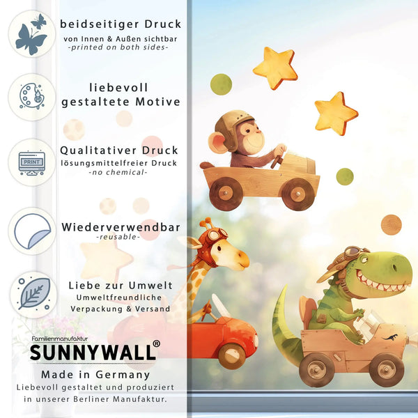 Fensterbild |  Wildtiere in Holz | Affe, Giraffe & Krokodil in Rennwagen | Holz-Optik Fensterbild Dekoration Sunnywall