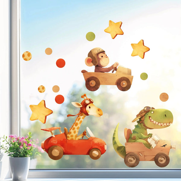 Fensterbild |  Wildtiere in Holz | Affe, Giraffe & Krokodil in Rennwagen | Holz-Optik Fensterbild Dekoration Sunnywall