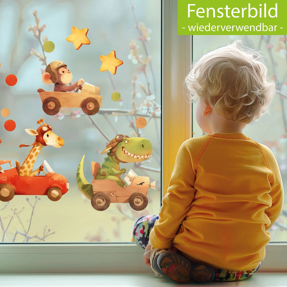 Fensterbild |  Wildtiere in Holz | Affe, Giraffe & Krokodil in Rennwagen | Holz-Optik Fensterbild Dekoration Sunnywall