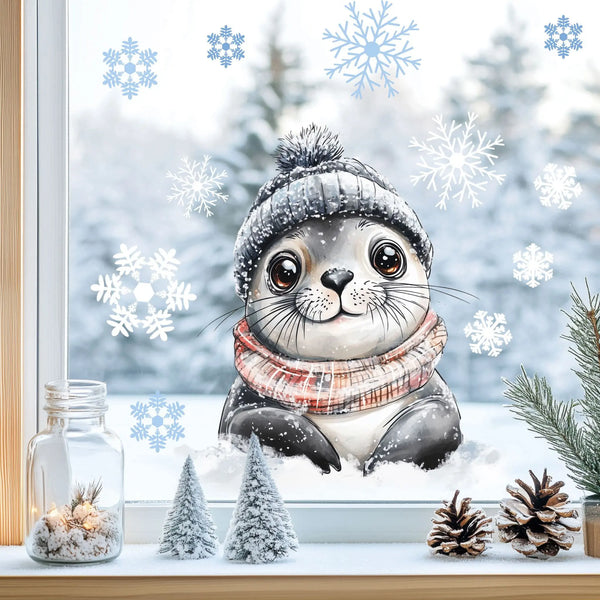 Fensterbild |  niedliche Robbe | Winterliche Fensterbild Dekoration Sunnywall