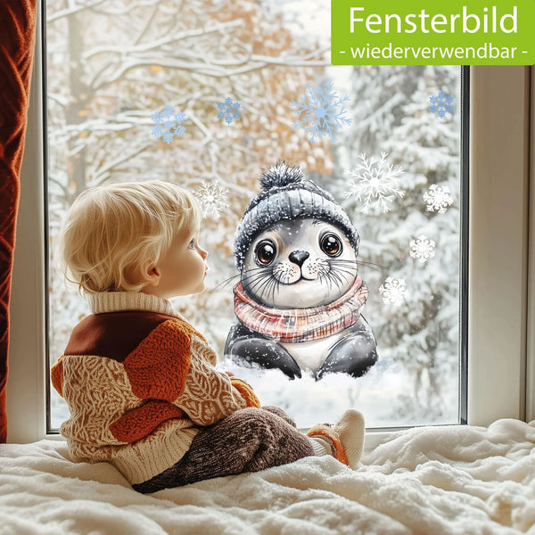 Fensterbild |  niedliche Robbe | Winterliche Fensterbild Dekoration Sunnywall