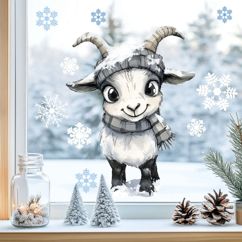 Fensterbild |  niedliche Ziege mit Schal | Winterliche Fensterbild Dekoration Sunnywall