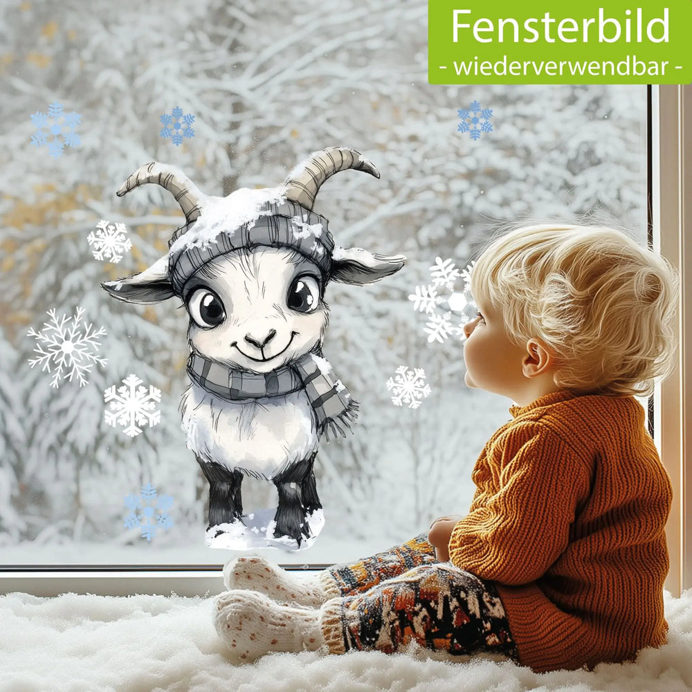 Fensterbild |  niedliche Ziege mit Schal | Winterliche Fensterbild Dekoration Sunnywall