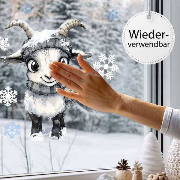 Fensterbild |  niedliche Ziege mit Schal | Winterliche Fensterbild Dekoration Sunnywall