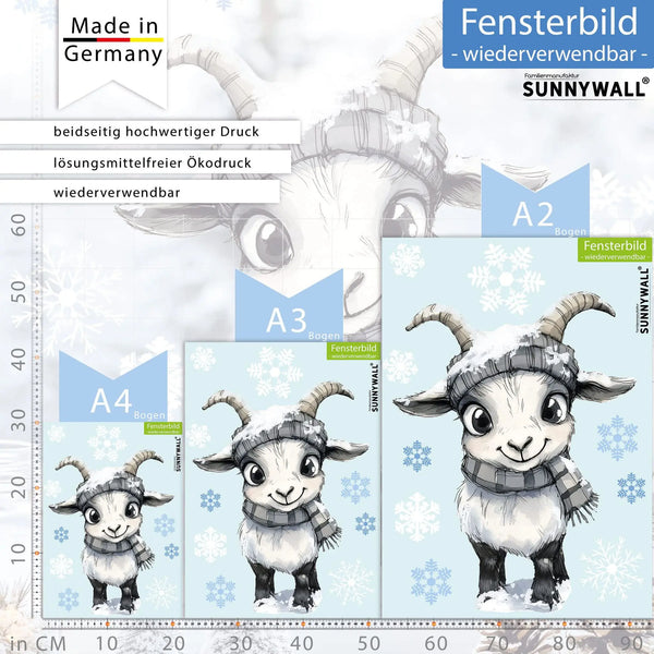 Fensterbild |  niedliche Ziege mit Schal | Winterliche Fensterbild Dekoration Sunnywall