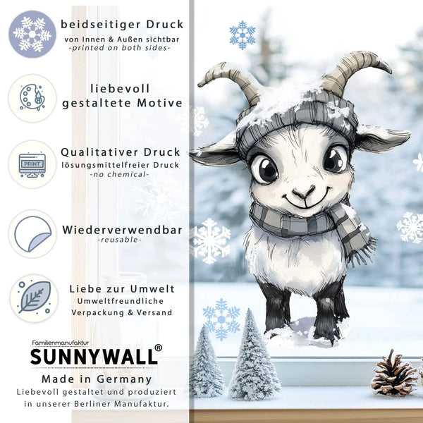 Fensterbild |  niedliche Ziege mit Schal | Winterliche Fensterbild Dekoration Sunnywall