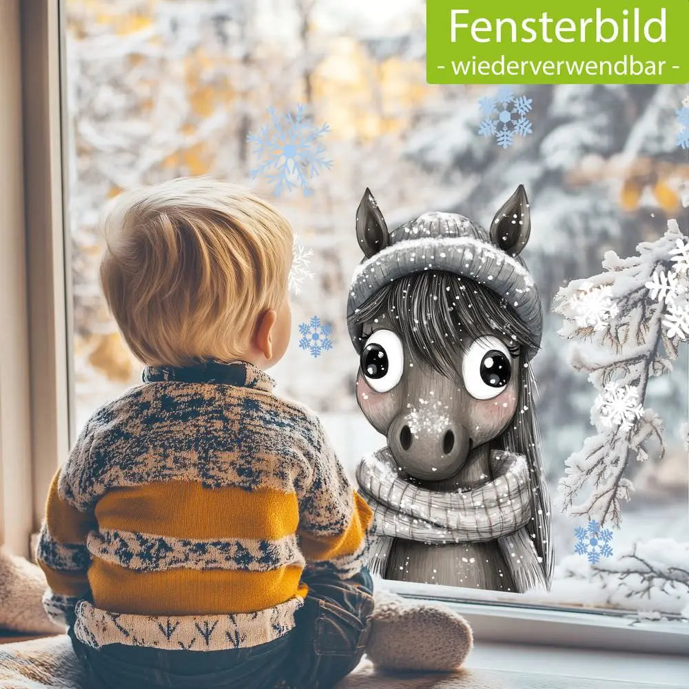 Fensterbild |  niedlicher Esel | Winterliche Fensterbild Dekoration A2 B-Ware Sunnywall