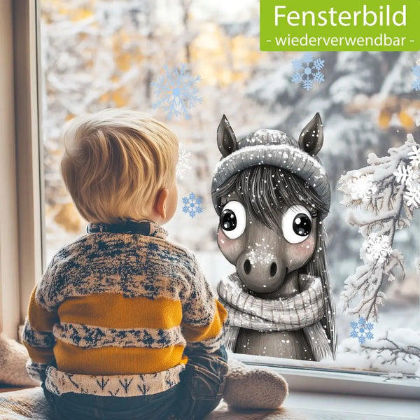 Fensterbild |  niedlicher Esel | Winterliche Fensterbild Dekoration A2 B-Ware Sunnywall
