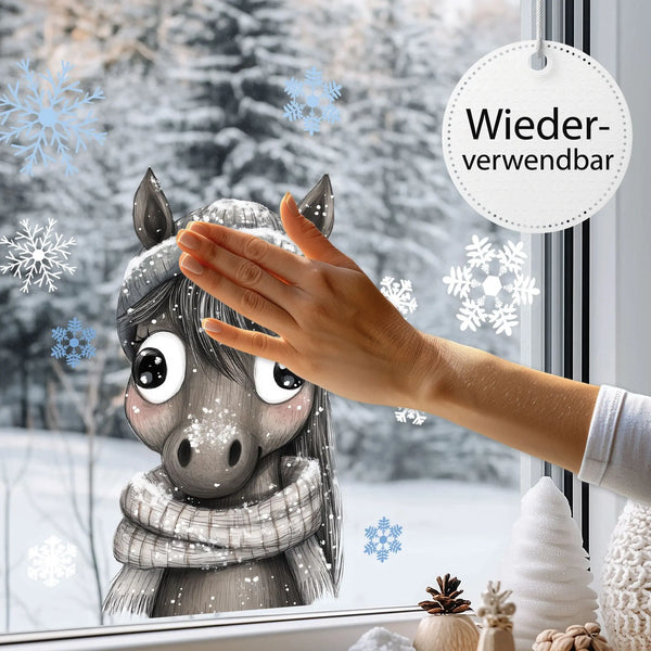Fensterbild |  niedlicher Esel | Winterliche Fensterbild Dekoration Sunnywall