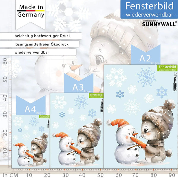 Fensterbild |  niedlicher Hase mit Schneemann | Winterliche Fensterbild Dekoration Sunnywall