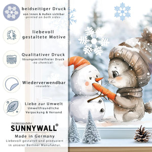 Fensterbild |  niedlicher Hase mit Schneemann | Winterliche Fensterbild Dekoration Sunnywall