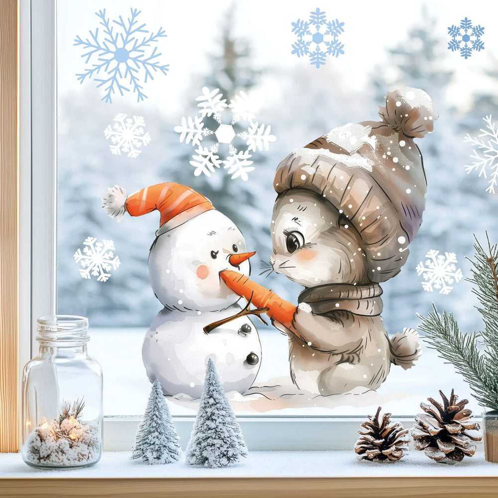 Fensterbild |  niedlicher Hase mit Schneemann | Winterliche Fensterbild Dekoration Sunnywall