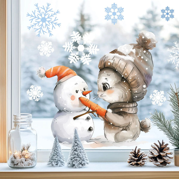 Fensterbild |  niedlicher Hase mit Schneemann | Winterliche Fensterbild Dekoration Sunnywall