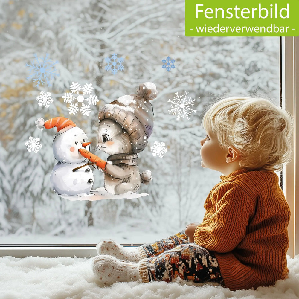 Fensterbild |  niedlicher Hase mit Schneemann | Winterliche Fensterbild Dekoration Sunnywall