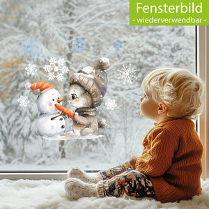 Fensterbild |  niedlicher Hase mit Schneemann | Winterliche Fensterbild Dekoration Sunnywall