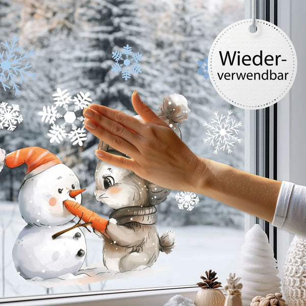 Fensterbild |  niedlicher Hase mit Schneemann | Winterliche Fensterbild Dekoration Sunnywall