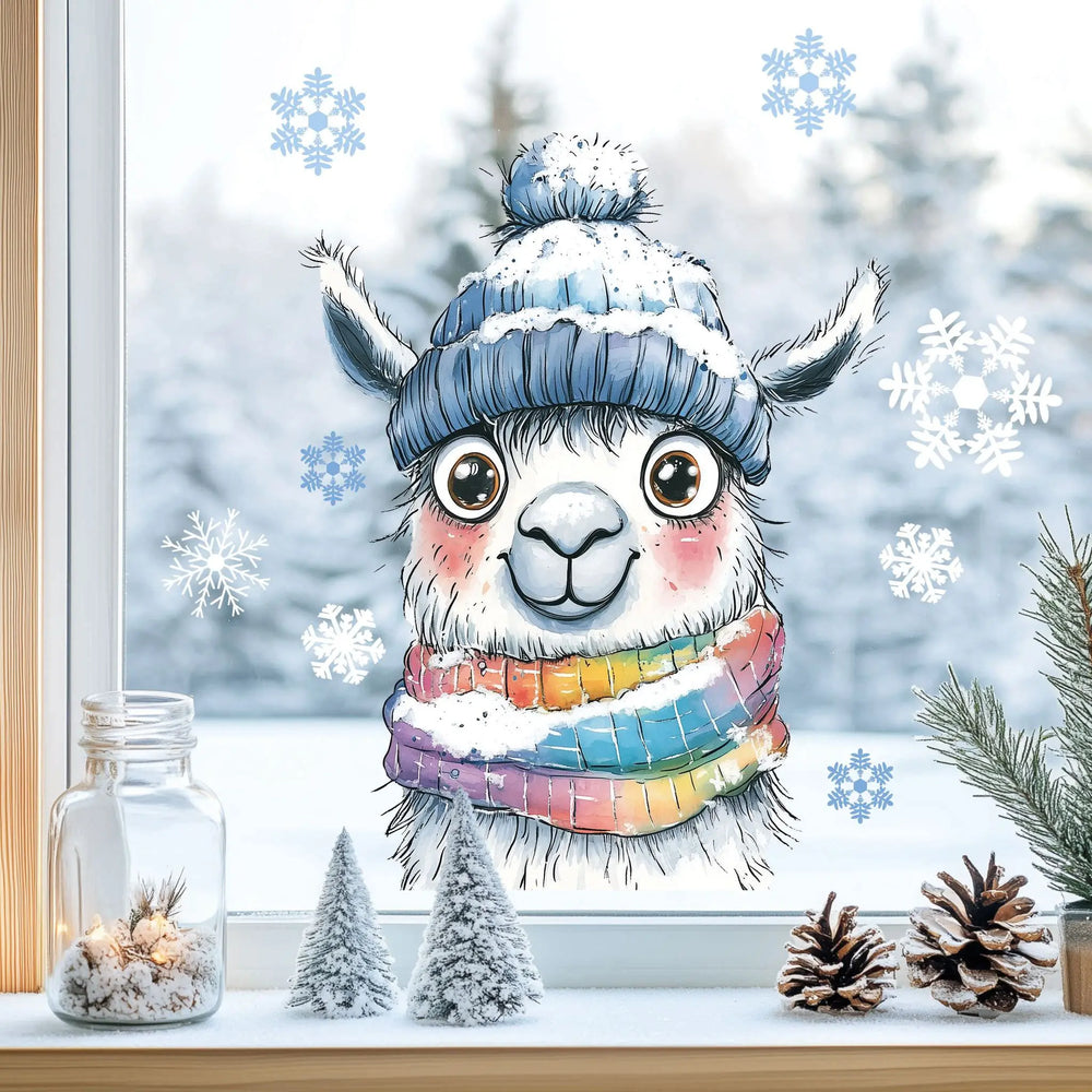 Fensterbild |  niedliches Alpaka mit Regenbogen Schal | Winterliche Fensterbild Dekoration Sunnywall