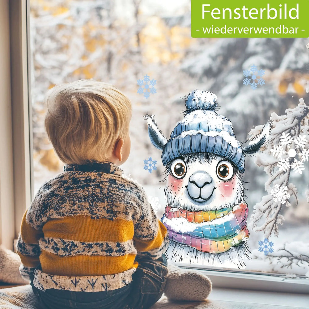 Fensterbild |  niedliches Alpaka mit Regenbogen Schal | Winterliche Fensterbild Dekoration Sunnywall