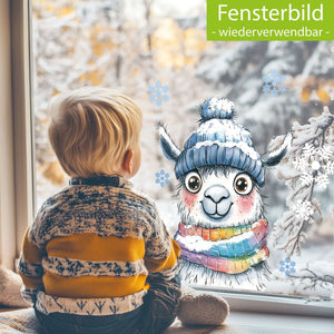 Fensterbild |  niedliches Alpaka mit Regenbogen Schal | Winterliche Fensterbild Dekoration Sunnywall