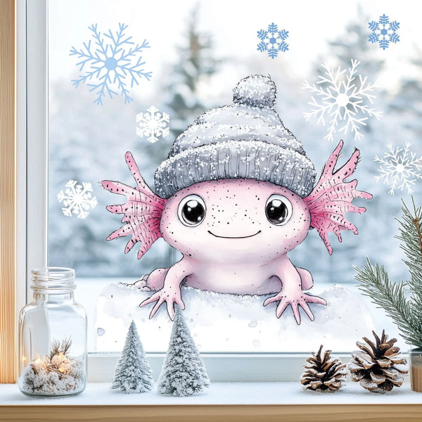 Fensterbild |  niedliches Axolotl | Winterliche Fensterbild Dekoration Sunnywall