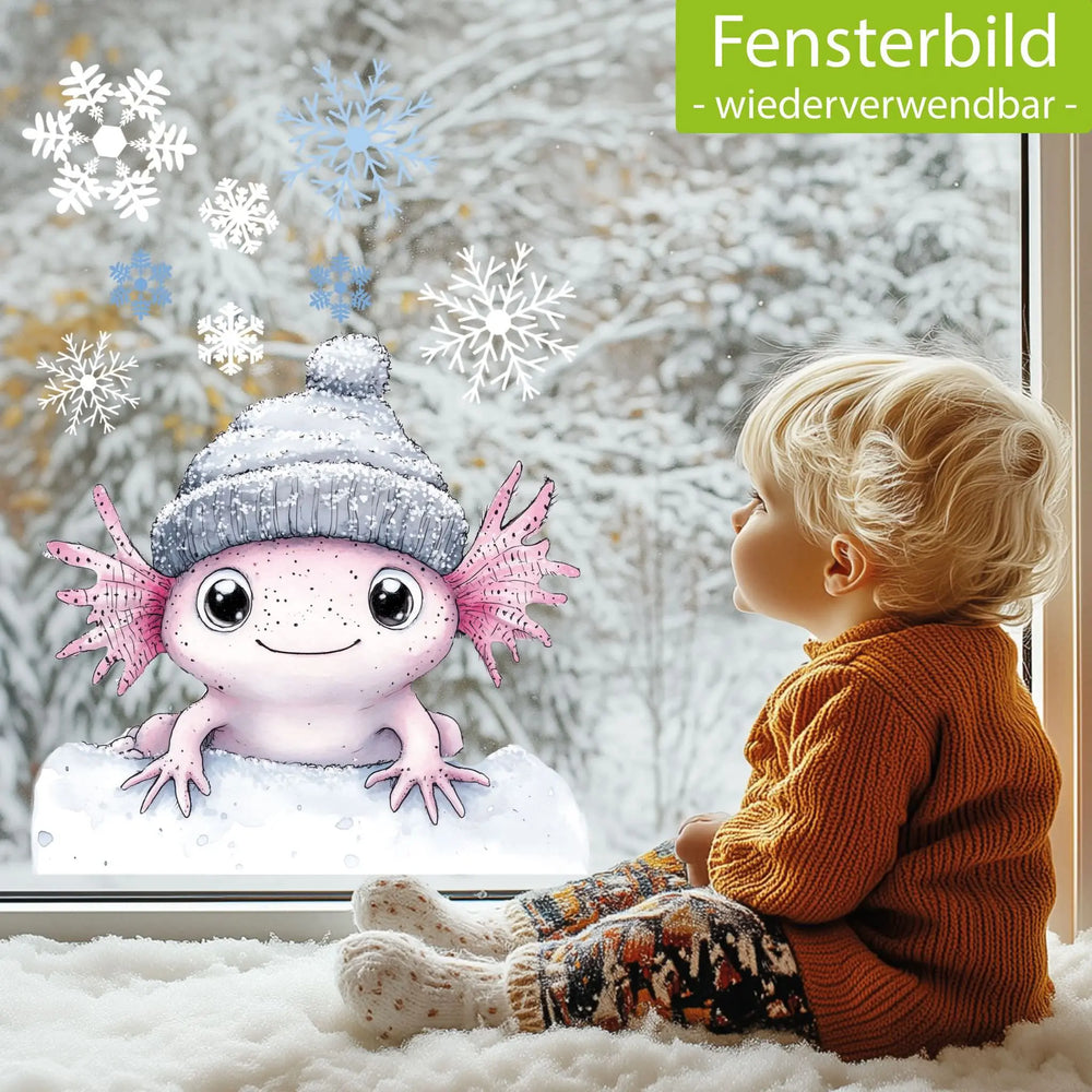 Fensterbild |  niedliches Axolotl | Winterliche Fensterbild Dekoration Sunnywall