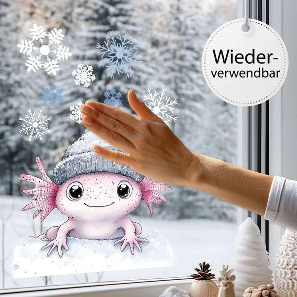 Fensterbild |  niedliches Axolotl | Winterliche Fensterbild Dekoration Sunnywall