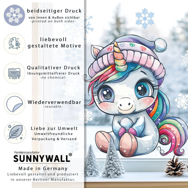 Fensterbild |  niedliches Einhorn | Winterliche Fensterbild Dekoration Sunnywall
