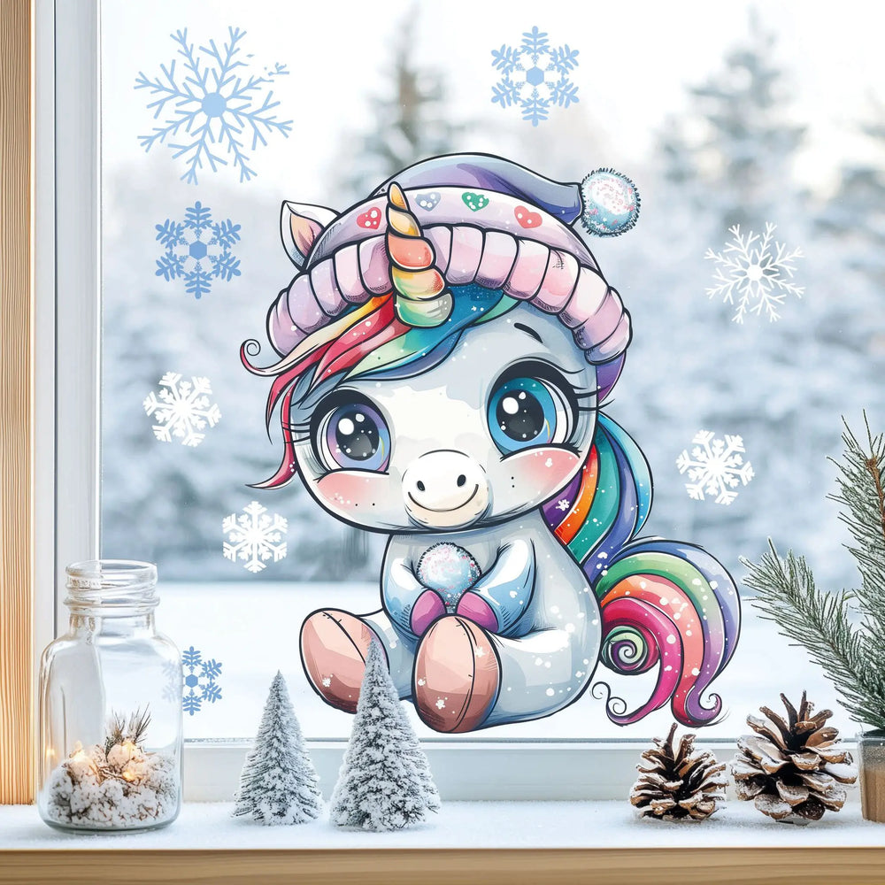 Fensterbild |  niedliches Einhorn | Winterliche Fensterbild Dekoration Sunnywall