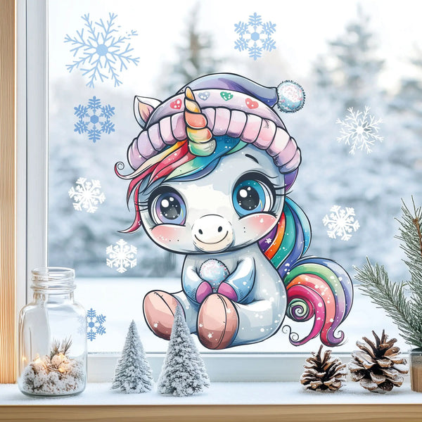 Fensterbild |  niedliches Einhorn | Winterliche Fensterbild Dekoration Sunnywall