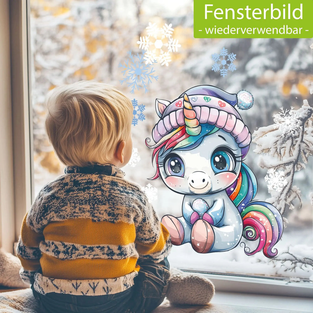 Fensterbild |  niedliches Einhorn | Winterliche Fensterbild Dekoration Sunnywall