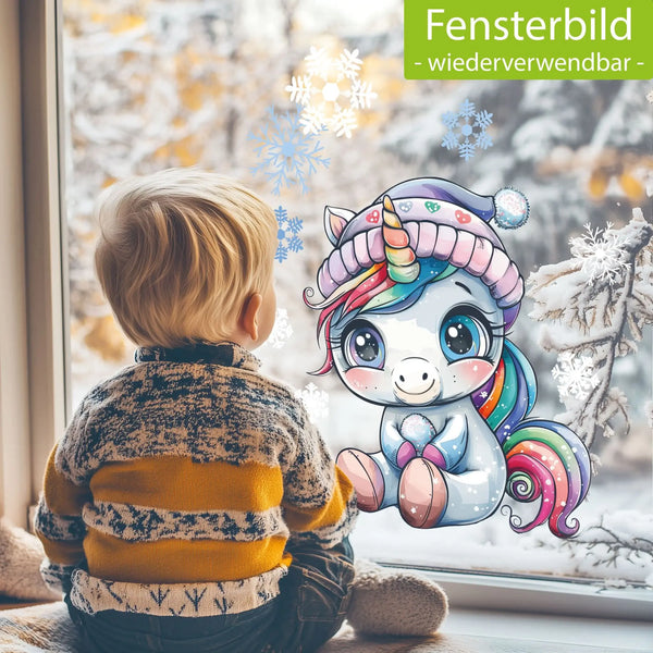 Fensterbild |  niedliches Einhorn | Winterliche Fensterbild Dekoration Sunnywall