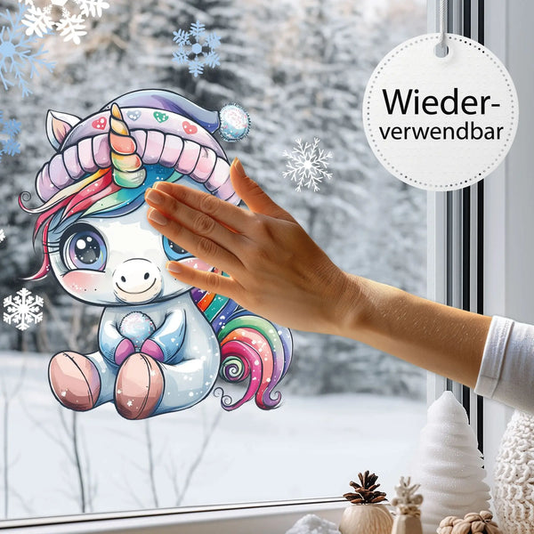 Fensterbild |  niedliches Einhorn | Winterliche Fensterbild Dekoration Sunnywall