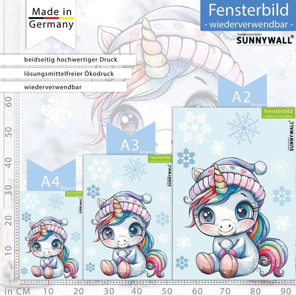 Fensterbild |  niedliches Einhorn | Winterliche Fensterbild Dekoration Sunnywall