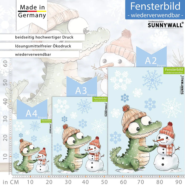 Fensterbild |  niedliches Krokodil mit Schneemann | Winterliche Fensterbild Dekoration Sunnywall
