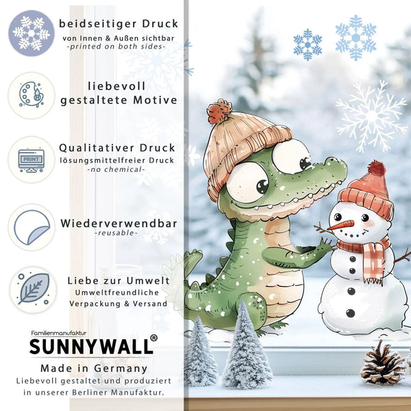 Fensterbild |  niedliches Krokodil mit Schneemann | Winterliche Fensterbild Dekoration Sunnywall