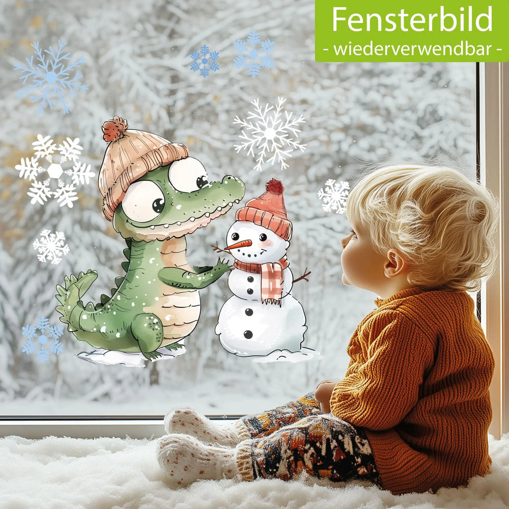 Fensterbild |  niedliches Krokodil mit Schneemann | Winterliche Fensterbild Dekoration Sunnywall